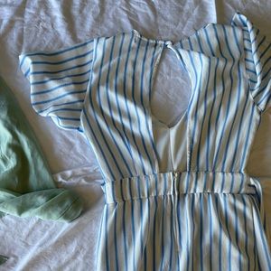 High Low Blue and White Striped Romper with train
